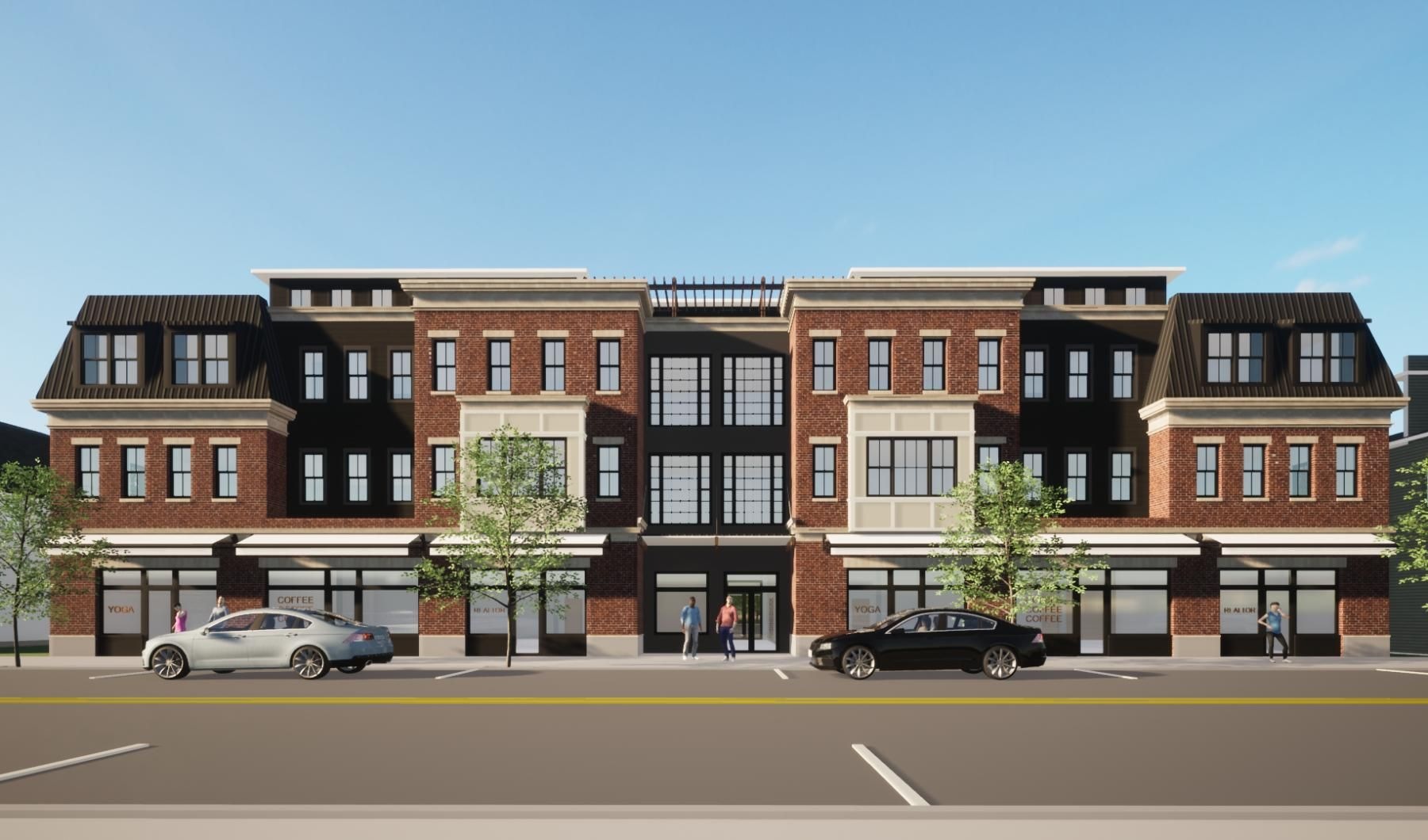 a building with cars parked in front